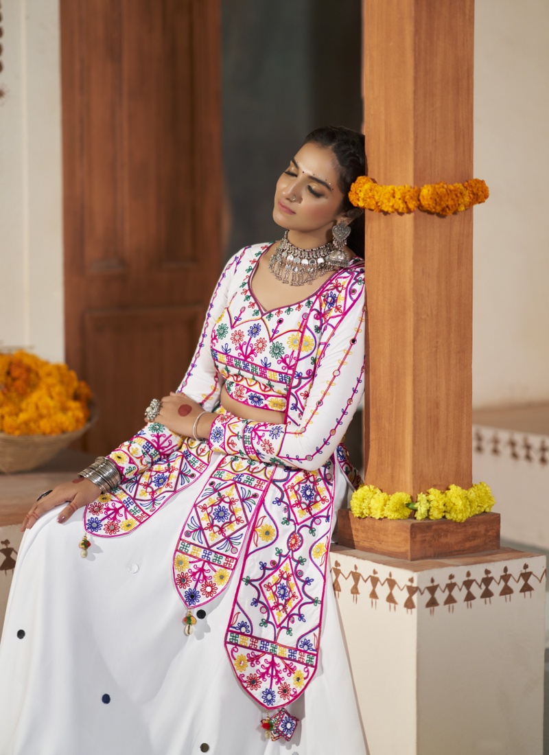 Divine Elegance White Rayon Embroidery Navratri Chaniya Choli