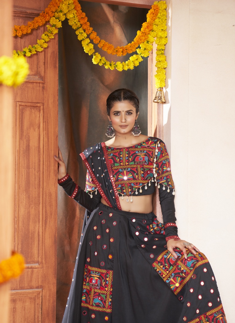 Night Sky Elegance Black Rayon Thread Embroidery Navratri Chaniya Choli