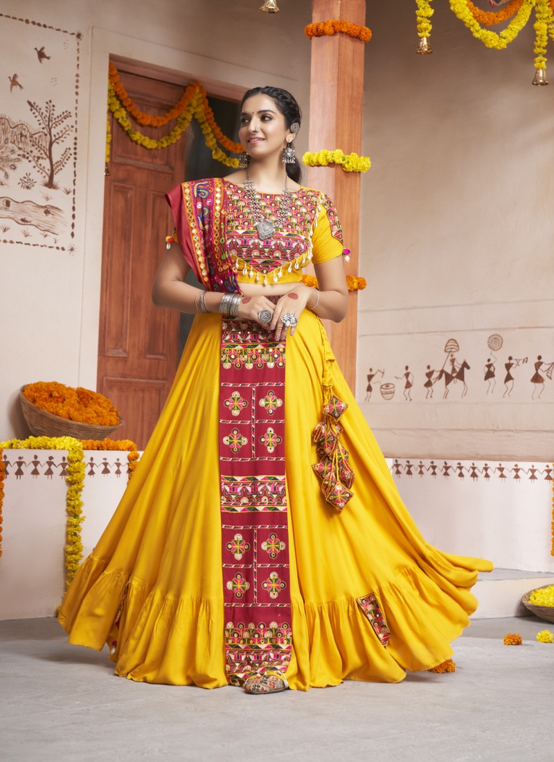 Golden Sunburst Yellow Rayon Embroidery Navratri Chaniya Choli