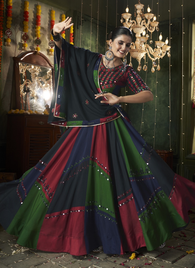 Multi-Colored Maslin Cotton Navratri Chaniya Choli With Mirror Work