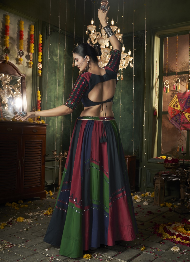 Multi-Colored Maslin Cotton Navratri Chaniya Choli With Mirror Work