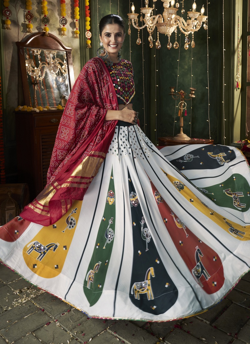 White Maslin Cotton Mirror Work Navratri Chaniya Choli