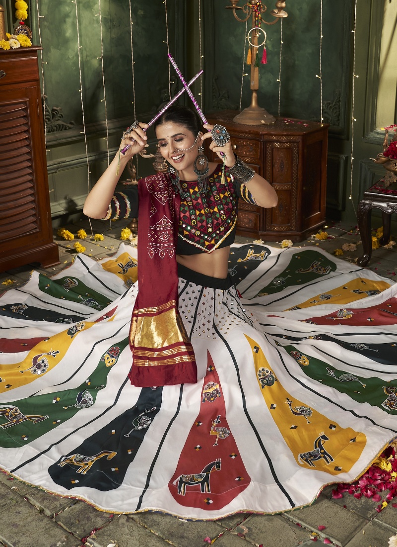 White Maslin Cotton Mirror Work Navratri Chaniya Choli