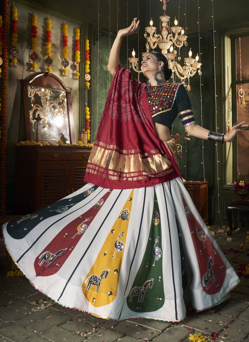 White Maslin Cotton Mirror Work Navratri Chaniya Choli