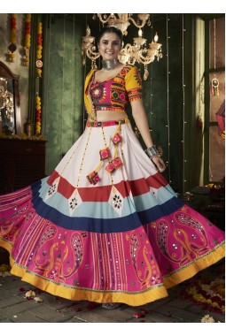 White Maslin Cotton Navratri Chaniya Choli With Mirror Work