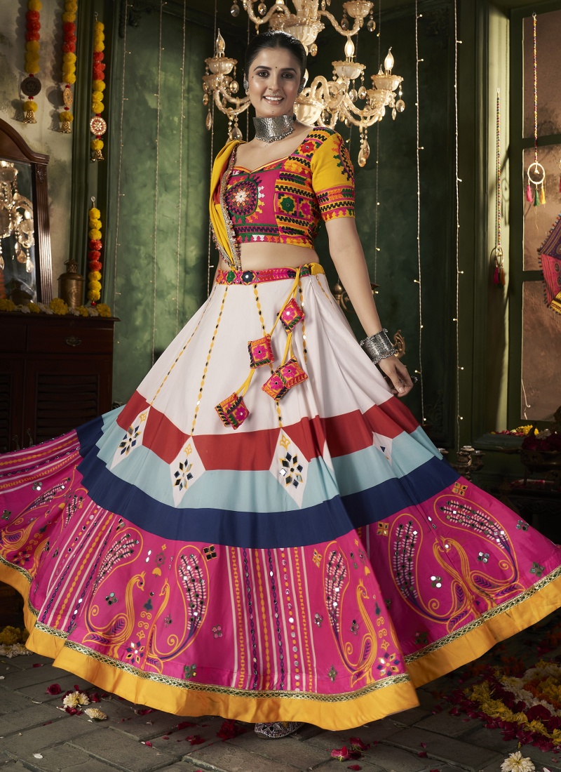 White Maslin Cotton Navratri Chaniya Choli With Mirror Work