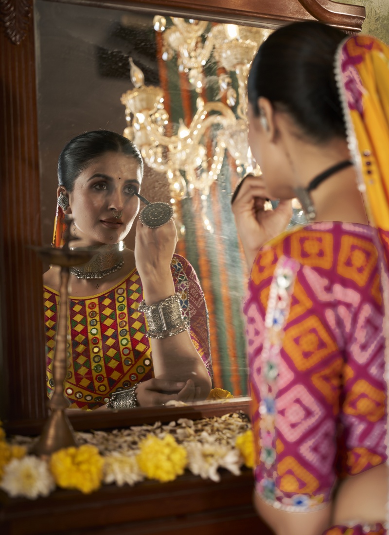 Yellow Maslin Cotton Mirror Work Navratri Chaniya Choli