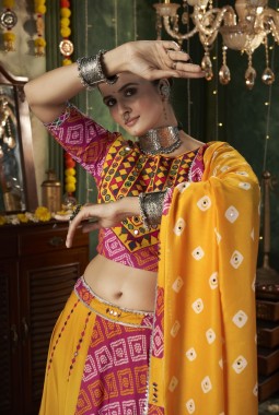Yellow Maslin Cotton Mirror Work Navratri Chaniya Choli