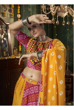 Yellow Maslin Cotton Mirror Work Navratri Chaniya Choli