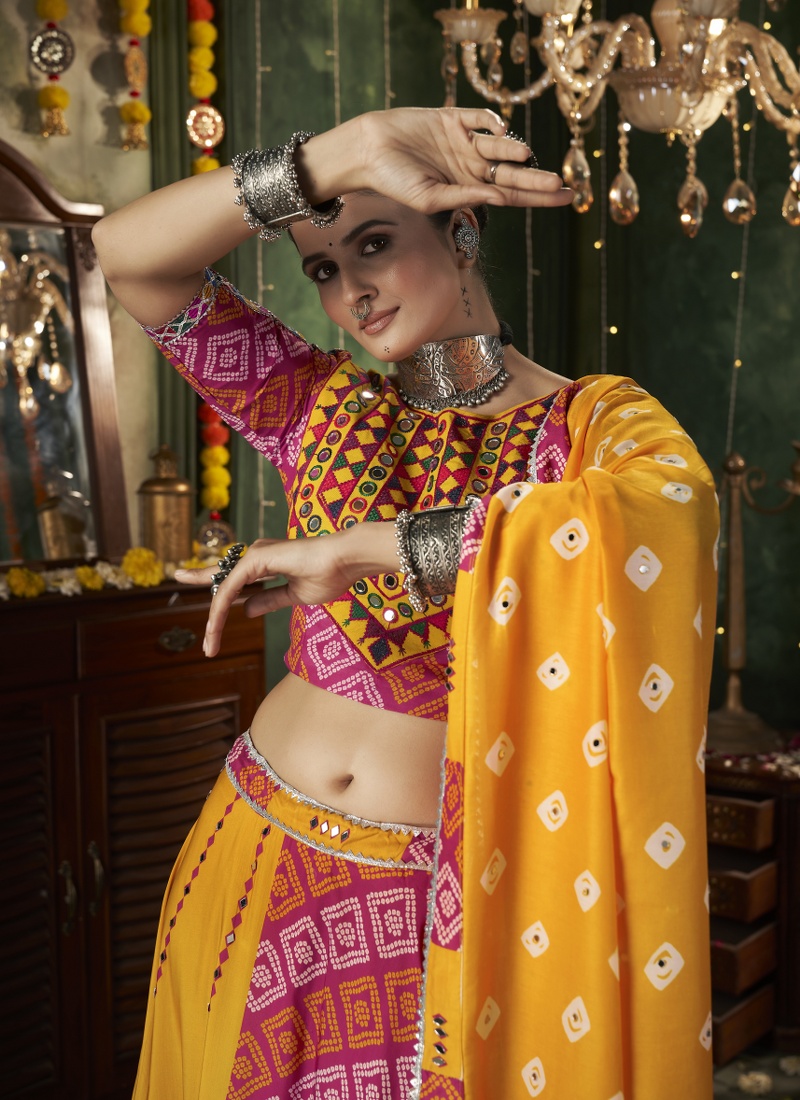 Yellow Maslin Cotton Mirror Work Navratri Chaniya Choli