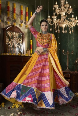 Yellow Maslin Cotton Mirror Work Navratri Chaniya Choli