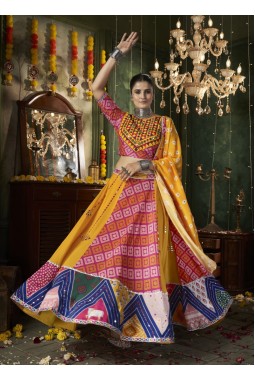 Yellow Maslin Cotton Mirror Work Navratri Chaniya Choli