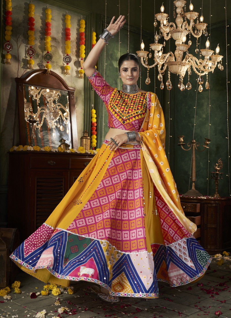 Yellow Maslin Cotton Mirror Work Navratri Chaniya Choli