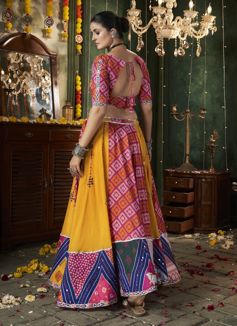 Yellow Maslin Cotton Mirror Work Navratri Chaniya Choli