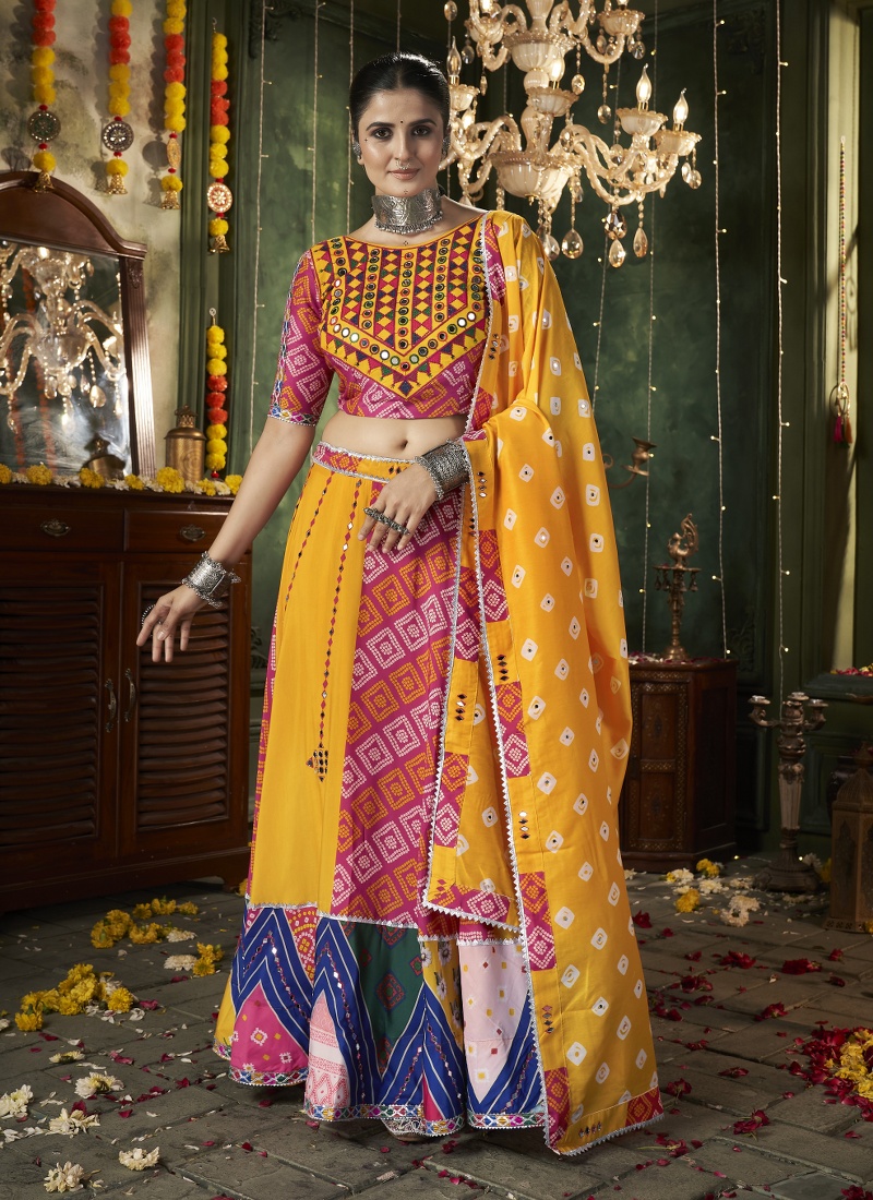 Yellow Maslin Cotton Mirror Work Navratri Chaniya Choli