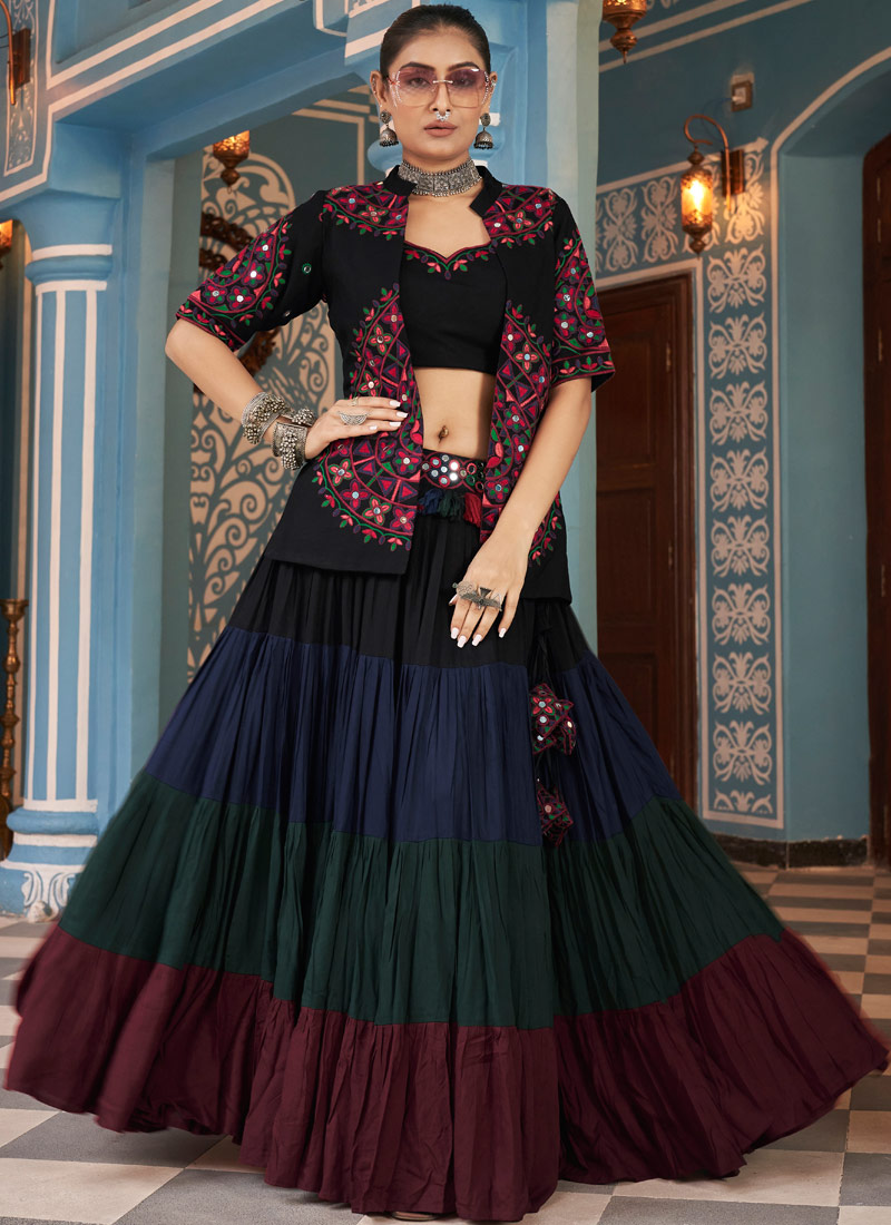 Enchanting Multi-Color Viscose Rayon Mirror-Embroidered Navratri Lehenga Choli Celebrate In Elegance Enchanting Multi-Color Viscose Rayon Mirror-Embroidered Navratri Lehenga Choli Celebrate In Elegance