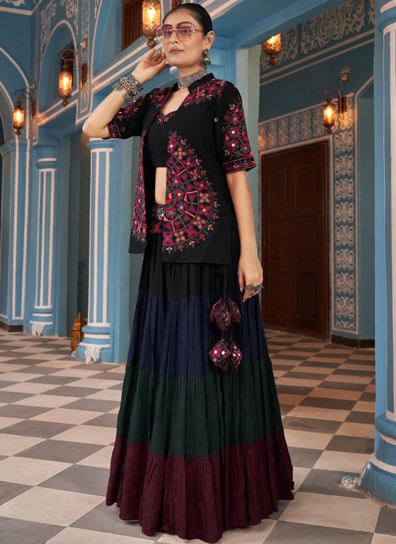 Enchanting Multi-Color Viscose Rayon Mirror-Embroidered Navratri Lehenga Choli Celebrate In Elegance Enchanting Multi-Color Viscose Rayon Mirror-Embroidered Navratri Lehenga Choli Celebrate In Elegance