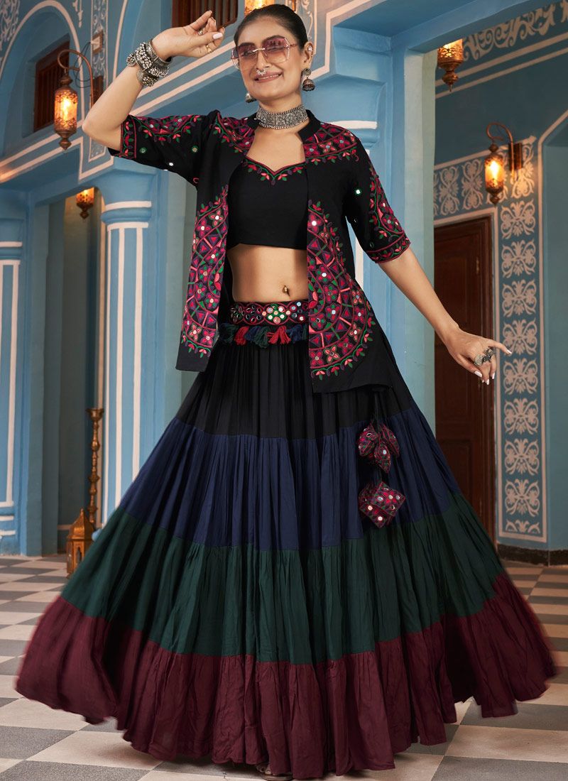 Enchanting Multi-Color Viscose Rayon Mirror-Embroidered Navratri Lehenga Choli Celebrate In Elegance Enchanting Multi-Color Viscose Rayon Mirror-Embroidered Navratri Lehenga Choli Celebrate In Elegance