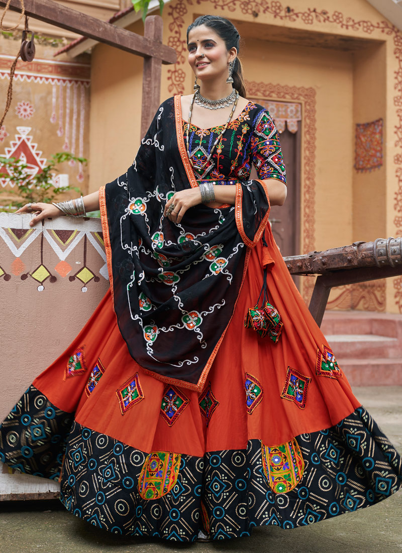 Orange Viscose Rayon Embroidered Navratri Chaniya Choli