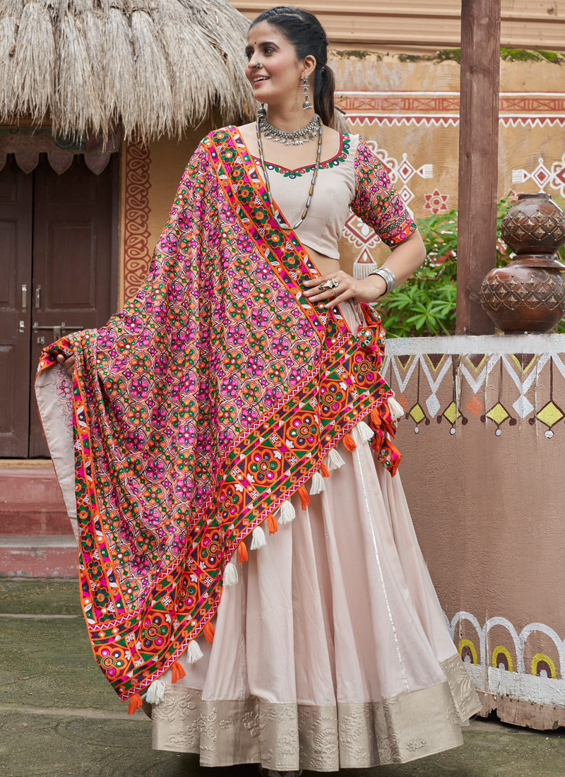 Beige Viscose Rayon Navratri Chaniya Choli And Dupatta