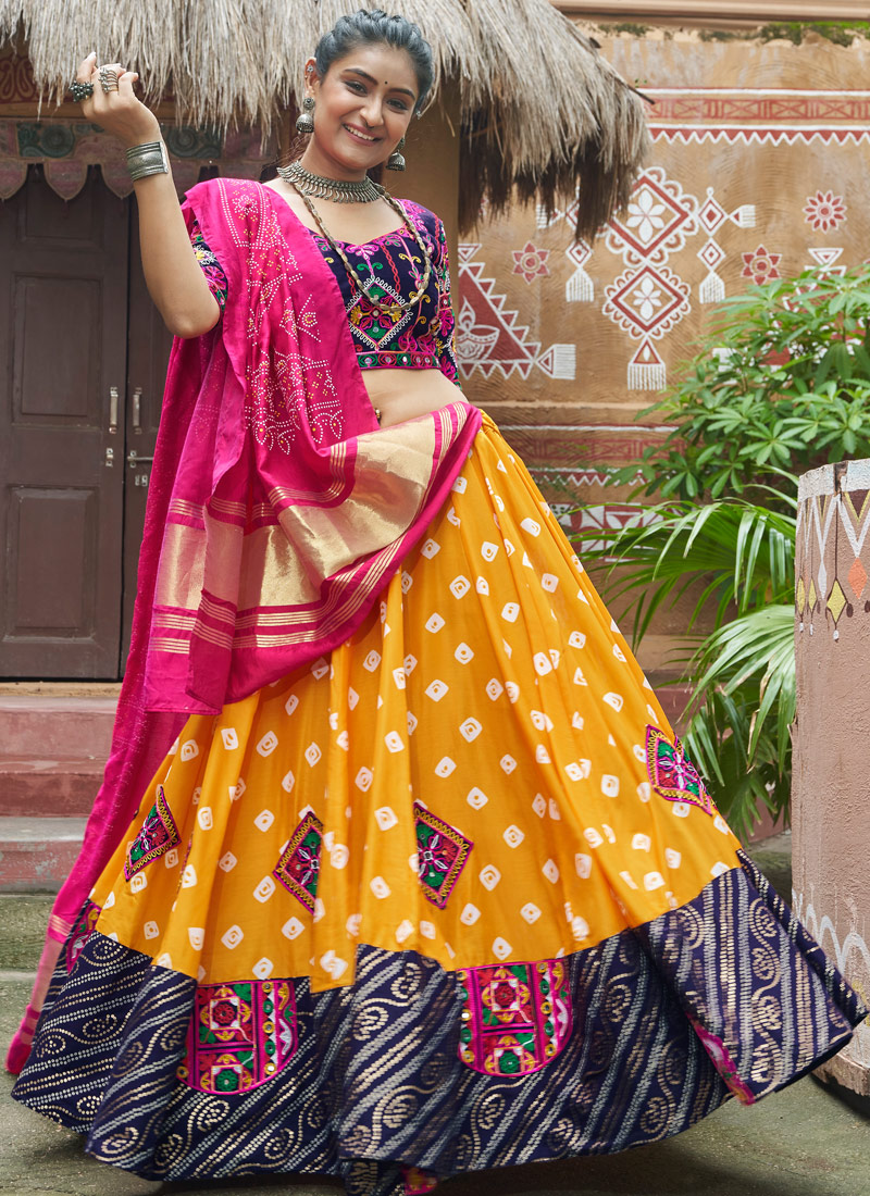 Yellow Maslin Cotton Mirror Work Navratri Chaniya Choli