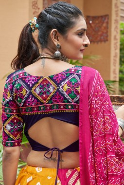 Yellow Maslin Cotton Mirror Work Navratri Chaniya Choli