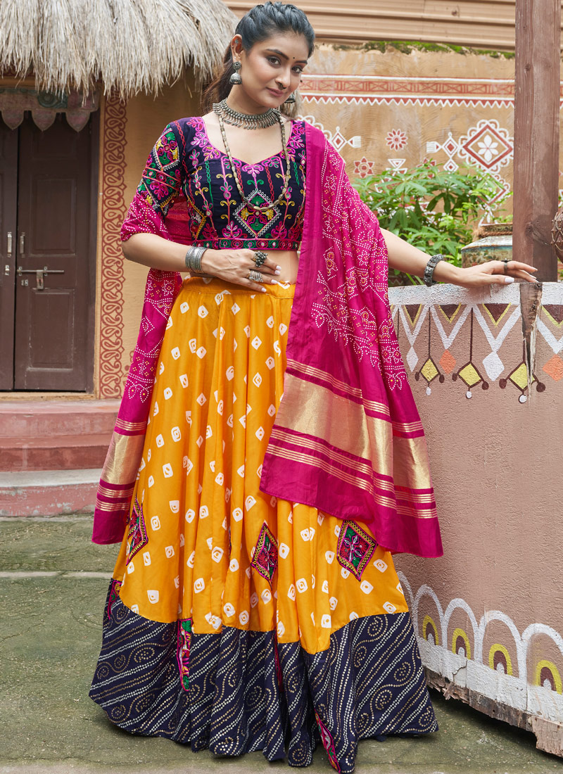 Yellow Maslin Cotton Mirror Work Navratri Chaniya Choli