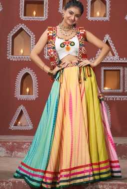 Multi Color Poly Maska Silk Embroidered Navratri Chaniya Choli