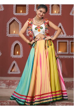 Multi Color Poly Maska Silk Embroidered Navratri Chaniya Choli