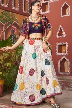 White Poly Silk Embroidered Navratri Chaniya Choli
