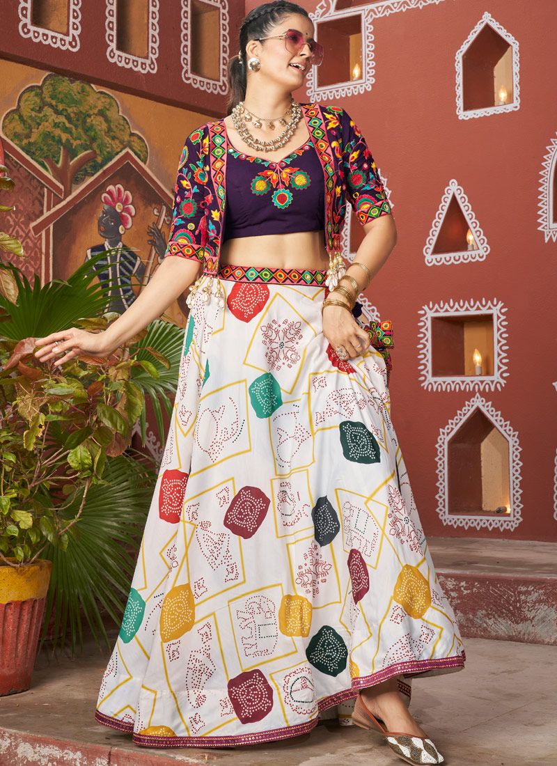 White Poly Silk Embroidered Navratri Chaniya Choli