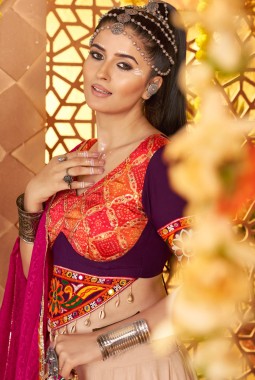 Beige Viscose Rayon Thread Embroidered Navratri Chaniya Choli