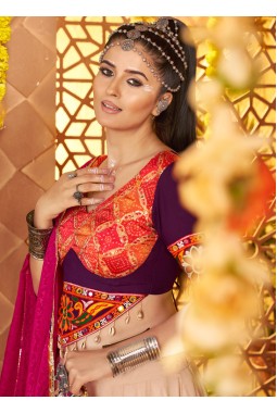 Beige Viscose Rayon Thread Embroidered Navratri Chaniya Choli