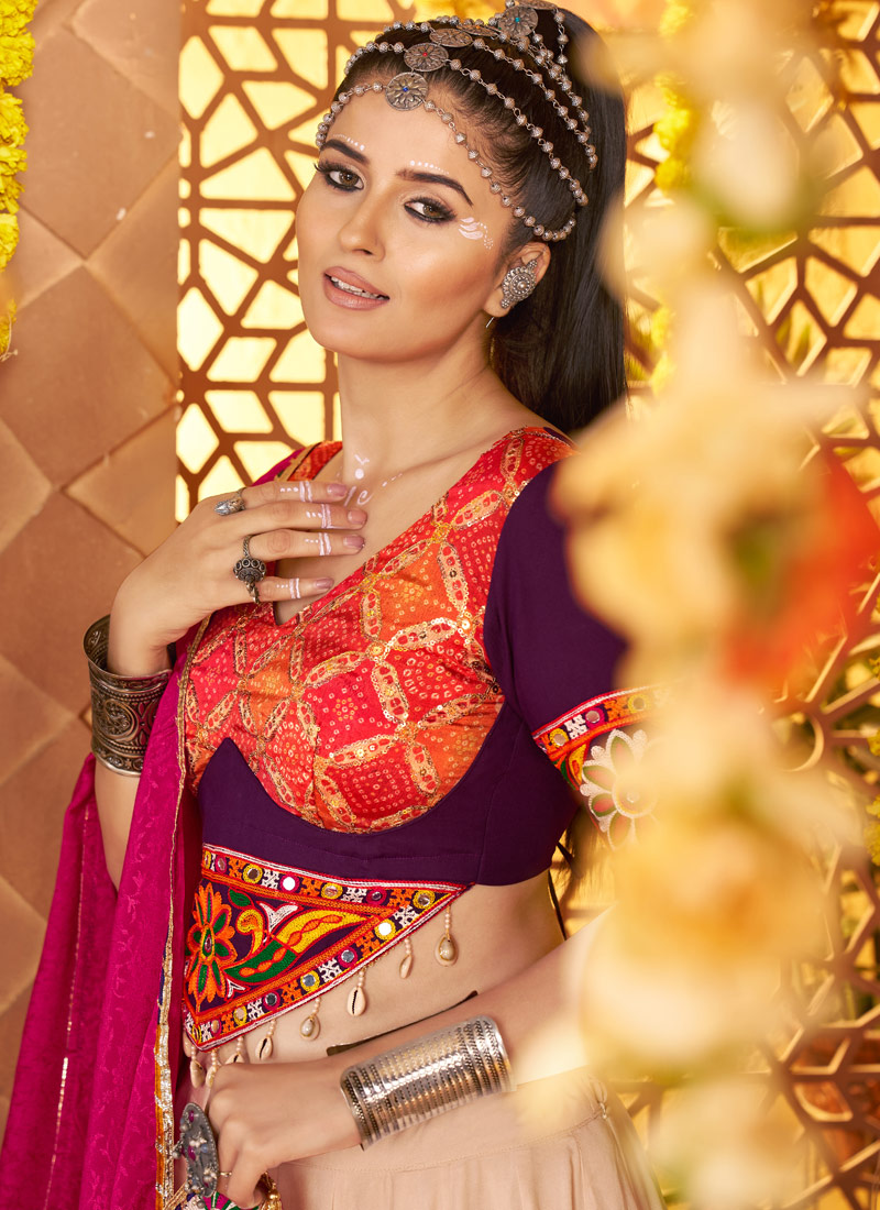 Beige Viscose Rayon Thread Embroidered Navratri Chaniya Choli Beige Viscose Rayon Thread Embroidered Navratri Chaniya Choli