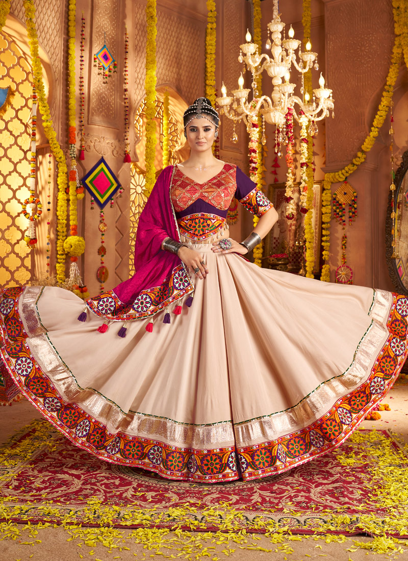 Beige Viscose Rayon Thread Embroidered Navratri Chaniya Choli Beige Viscose Rayon Thread Embroidered Navratri Chaniya Choli