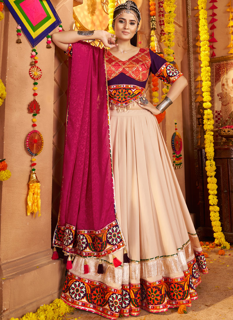Beige Viscose Rayon Thread Embroidered Navratri Chaniya Choli Beige Viscose Rayon Thread Embroidered Navratri Chaniya Choli