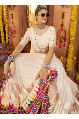 White Viscose Rayon Thread Embroidered Navratri Chaniya Choli