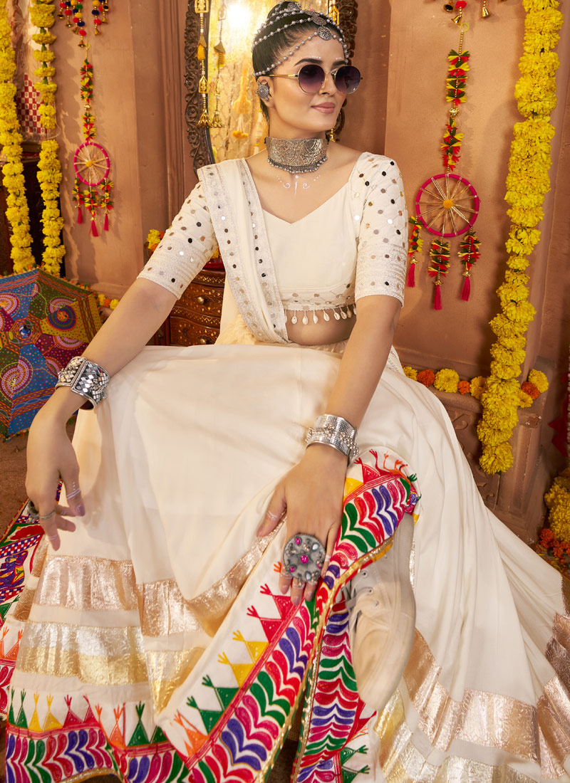 White Viscose Rayon Thread Embroidered Navratri Chaniya Choli White Viscose Rayon Thread Embroidered Navratri Chaniya Choli