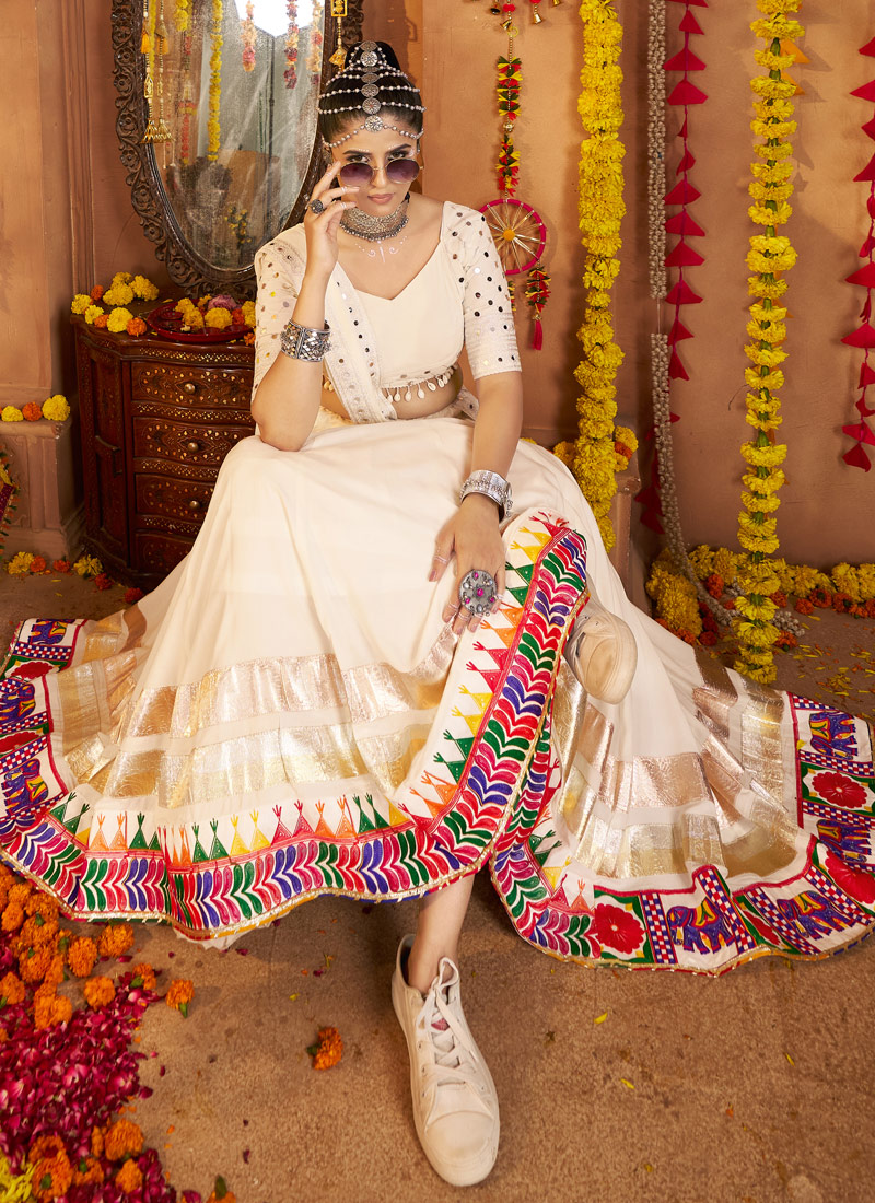 White Viscose Rayon Thread Embroidered Navratri Chaniya Choli White Viscose Rayon Thread Embroidered Navratri Chaniya Choli