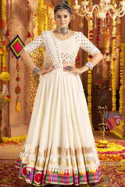 White Viscose Rayon Thread Embroidered Navratri Chaniya Choli