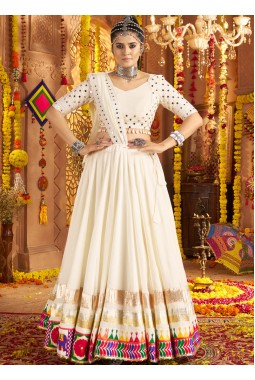White Viscose Rayon Thread Embroidered Navratri Chaniya Choli