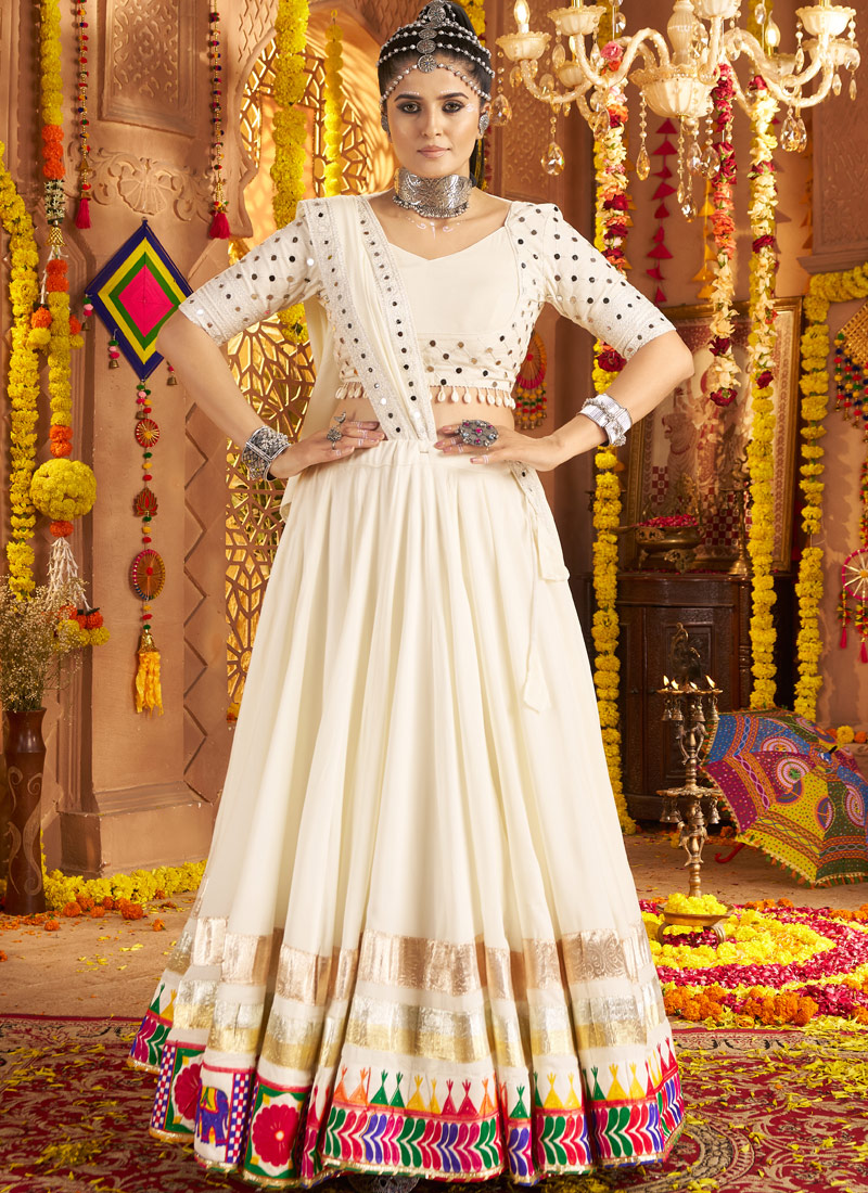 White Viscose Rayon Thread Embroidered Navratri Chaniya Choli White Viscose Rayon Thread Embroidered Navratri Chaniya Choli