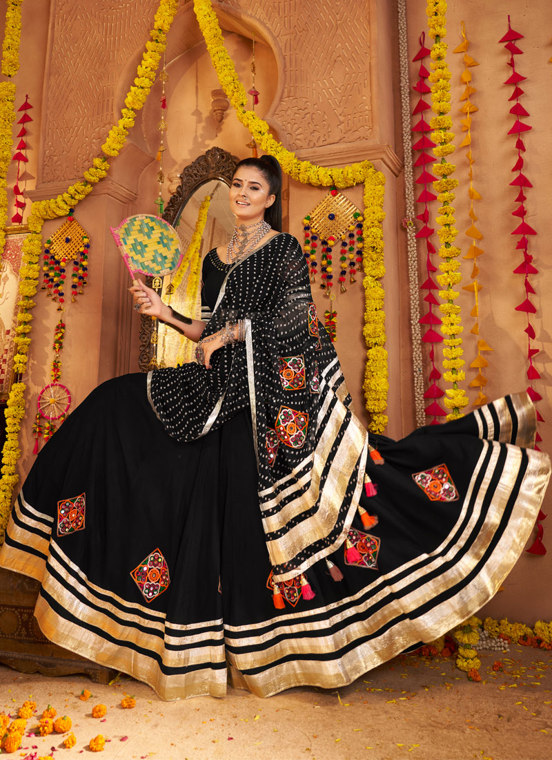 Black Viscose Rayon Thread Embroidered Navratri Chaniya Choli Black Viscose Rayon Thread Embroidered Navratri Chaniya Choli