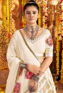 White Viscose Rayon Thread Mirror Work Navratri Chaniya Choli