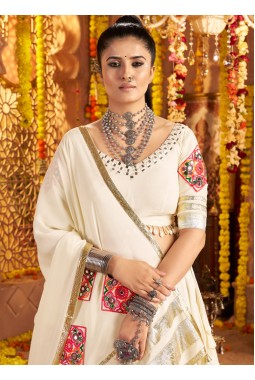 White Viscose Rayon Thread Mirror Work Navratri Chaniya Choli