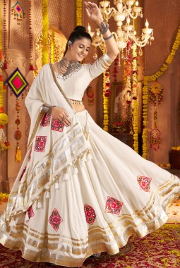 White Viscose Rayon Thread Mirror Work Navratri Chaniya Choli
