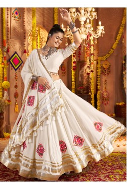White Viscose Rayon Thread Mirror Work Navratri Chaniya Choli