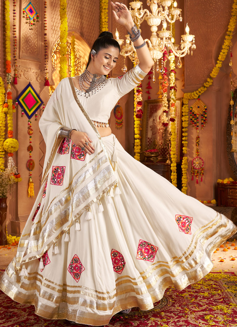 White Viscose Rayon Thread Mirror Work Navratri Chaniya Choli White Viscose Rayon Thread Mirror Work Navratri Chaniya Choli