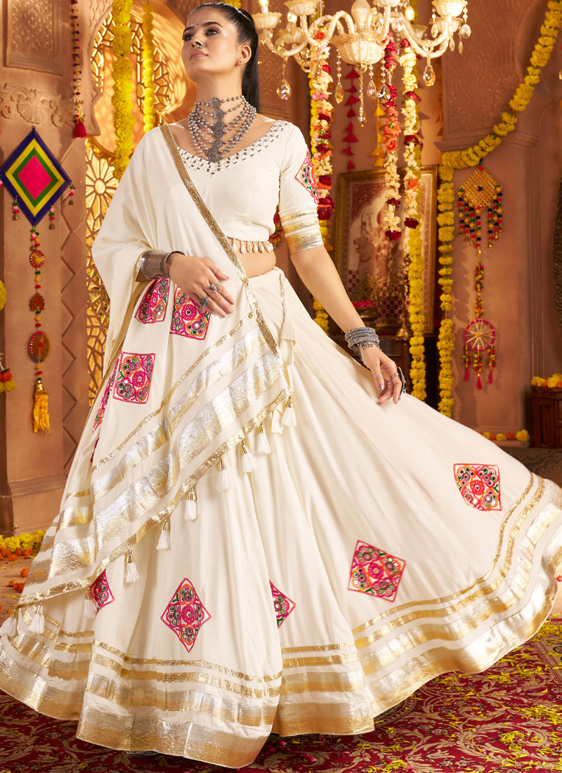 White Viscose Rayon Thread Mirror Work Navratri Chaniya Choli White Viscose Rayon Thread Mirror Work Navratri Chaniya Choli