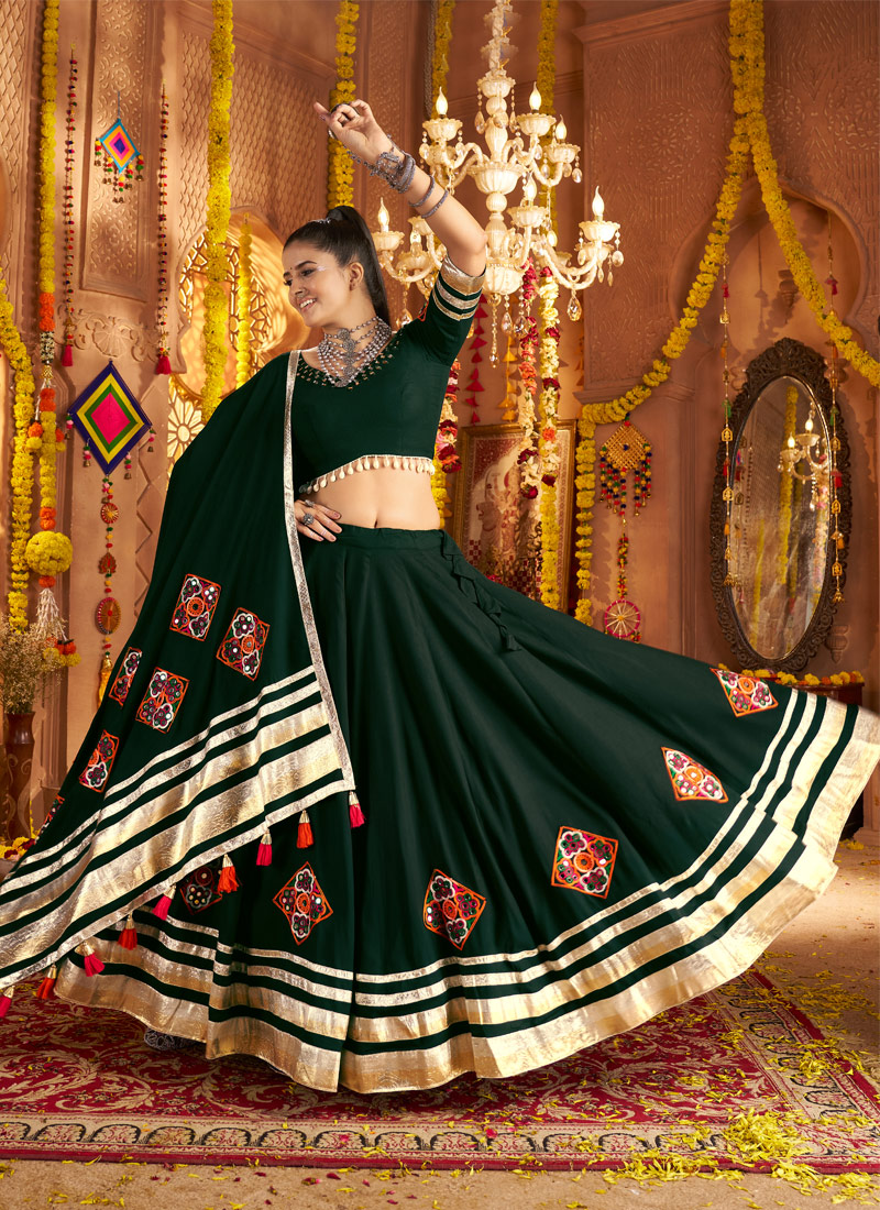 Green Viscose Rayon Thread Embroidered Navratri Chaniya Choli Green Viscose Rayon Thread Embroidered Navratri Chaniya Choli